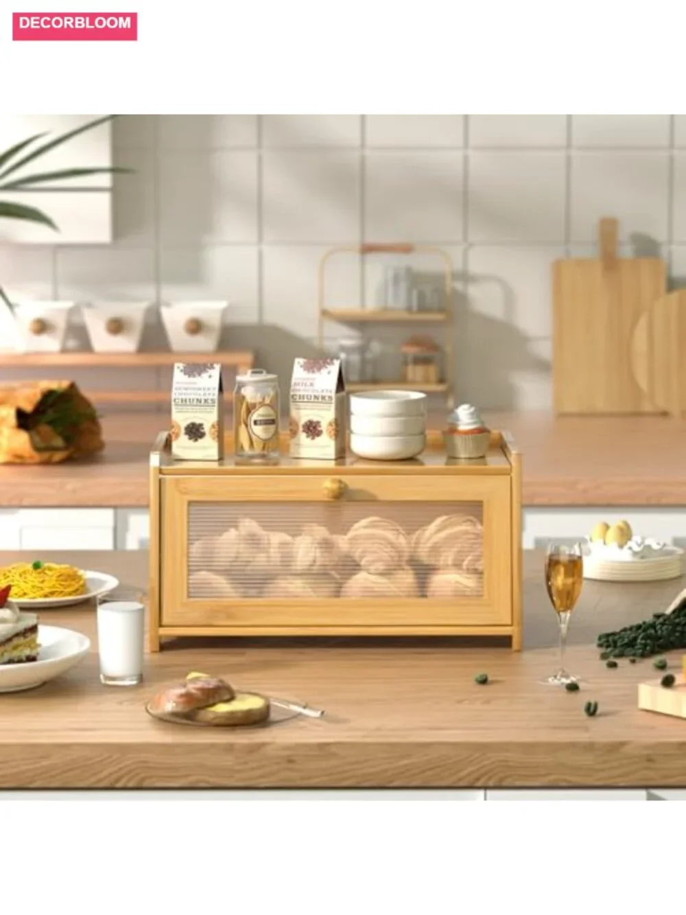 Bamboo Bread Box with Acrylic Window, Vintage Kitchen Countertop Storage,